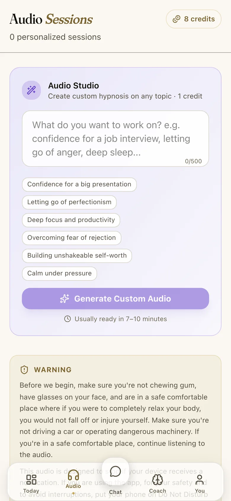 A hypnosis session built from the exact words you said.
